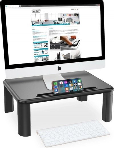 Adjustable-height monitor stand with wooden top, black