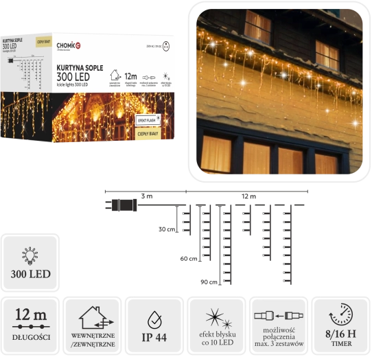 Šviesos užuolaida – varvekliai 300 LED šiltai balta 15 m – 1 vnt.