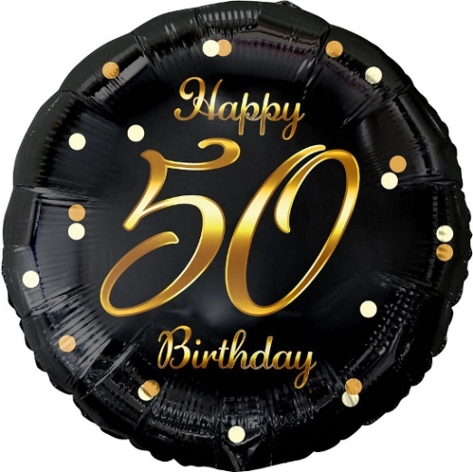 Folinis balionas Happy 50 Birthday – juodas su auksiniu spaudiniu