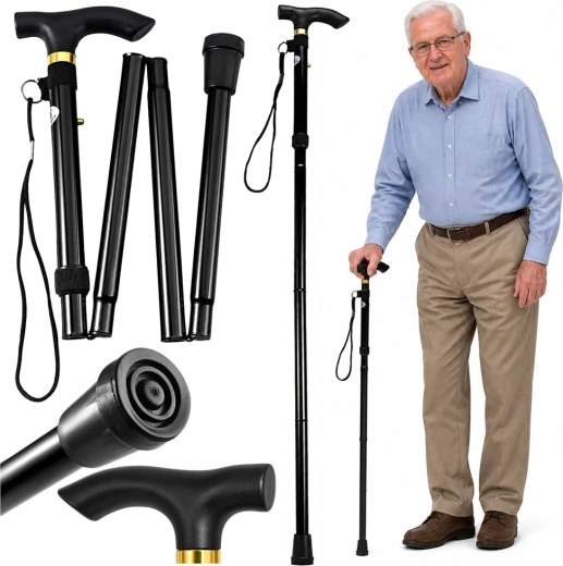 Foldable telescopic walking cane for seniors, black 85–95 cm