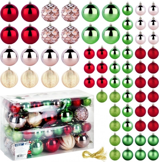 Nedūžtantys kalėdiniai eglutės papuošimai 68 vnt., raudoni, rožiniai, auksiniai ir žali, 8 ir 5 cm