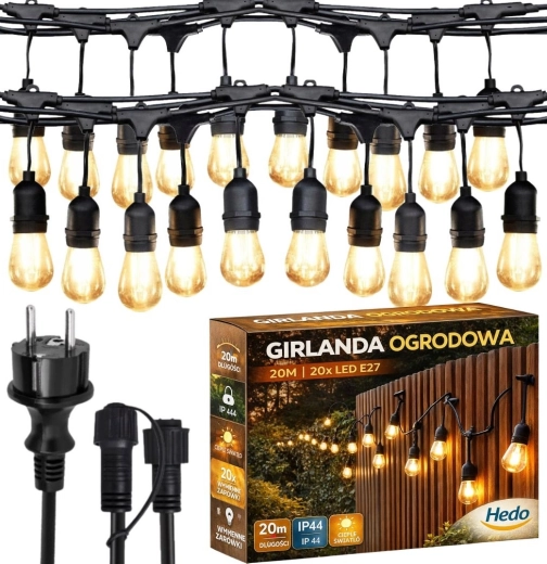 Lauko šviesos girlianda 20 m su 20 keičiamų LED lemputių E27, šiltai balta, IP44