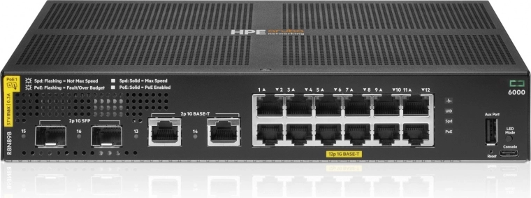 Aruba Networking CX 6000 managed switch 12× Gigabit PoE+ (Class 4) + 2× Gigabit + 2× SFP, 139 W (R8N89B)