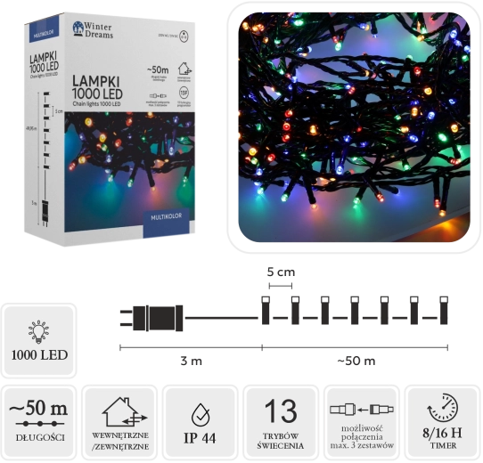 LED kalėdinė šviesos girlianda 1000 diodų, multicolor, 50 m, vidaus / lauko – 1 vnt.