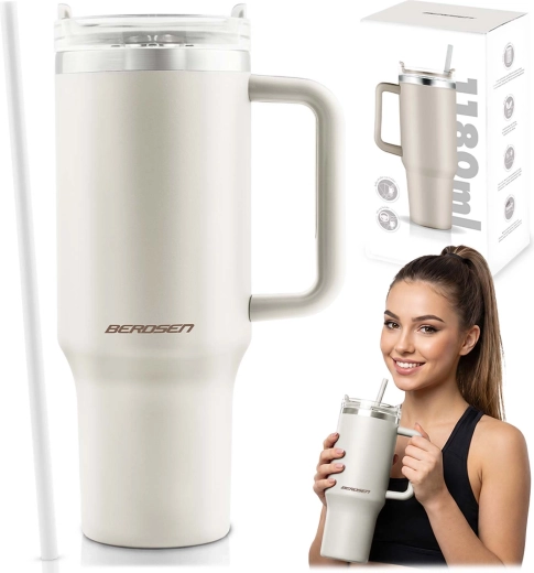 Berdsen thermal tumbler with straw 1180 ml, cream