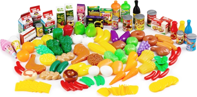 Plastikiniai maisto produktai ir vaisiai į virtuvėlę, rinkinys 120 vnt.