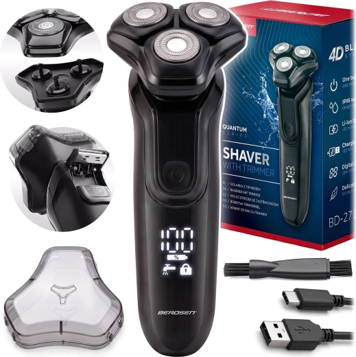 Berdsen belaidis rotacinis elektrinis skustuvas su trimeriu IPX6 ir USB‑C
