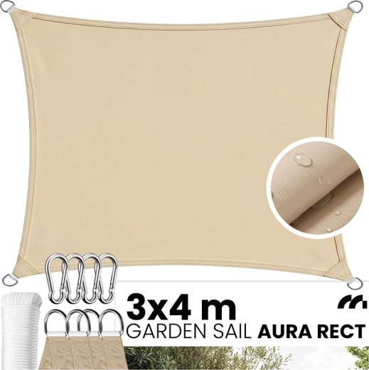 AURA stačiakampė sodo šešėliavimo burė 3 × 4 m, smėlio spalvos