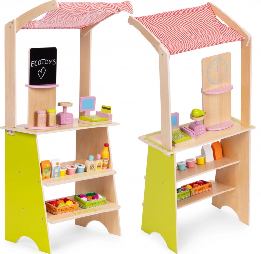 Wooden kids’ market stall with payment terminal and scale ECOTOYS, 20 pieces