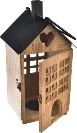 Lantern made of mango wood and metal, Black, 18 × 18 × 36 cm