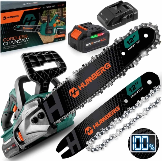 Humberg cordless 12" chainsaw with brushless motor and 4 Ah battery