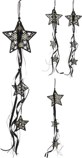 Hanging wooden star with ribbons 16 cm – black‑gold decoration