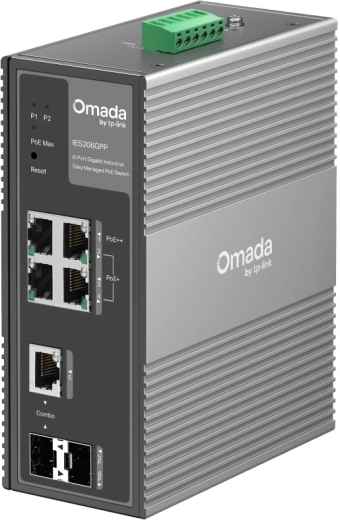 Pramoninis komutatorius IES206GPP Omada, 6× gigabitiniai, 3× PoE+, 1× PoE, valdymas debesyje