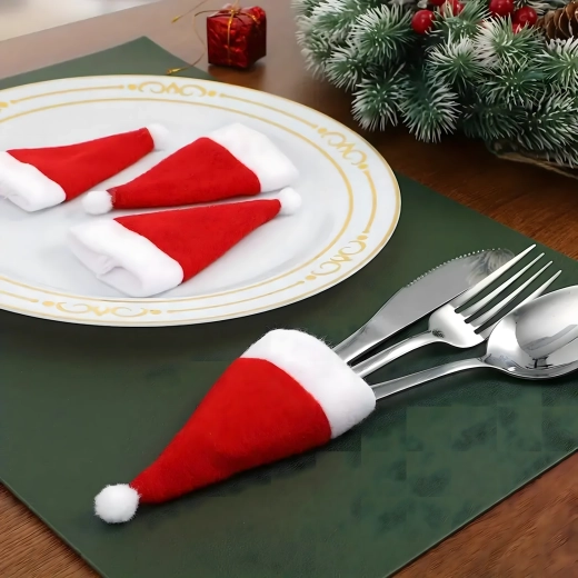 12 dalių kalėdinių stalo įrankių dėklu rinkinys – SANTA kepurėlės
