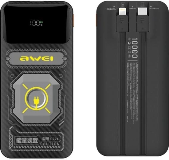 Išorinė baterija 10000 mAh 22,5 W su integruotais USB‑C ir Lightning kabeliais Awei P77K