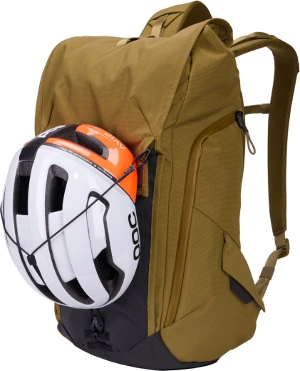 Helmet attachment on the front of the backpack