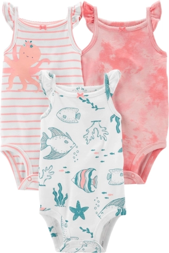 CARTER'S kūdikių smėlinukai be rankovių Pink Ocean 3 vnt. – mergaitė 3 vnt. NB / dyd. 56