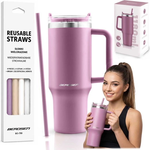 Berdsen vacuum insulated tumbler 1180 ml with straw set, pink