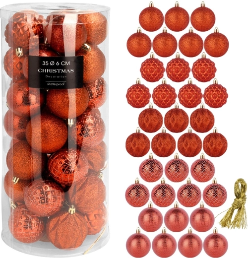 Nedūžtančios raudonos kalėdinės eglutės dekoracijos (kugeliai) 6 cm, rinkinys 35 vnt.