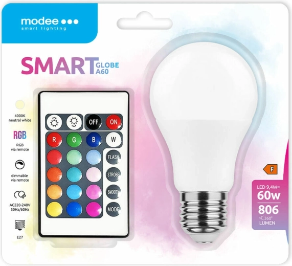 Modee LED išmanioji lemputė A60 9,4 W E27 RGB-W 806 lm su nuotolinio valdymo pulteliu