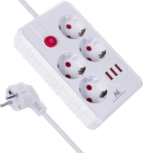 Surge-protected extension strip with 4 outlets and 3× USB, 2500 W, 1.5 m, white