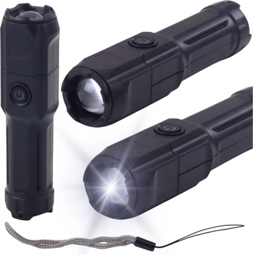 LED žibintuvėlis su priartinimu (zoom), 3 režimai, įkrovimas per USB, juodas