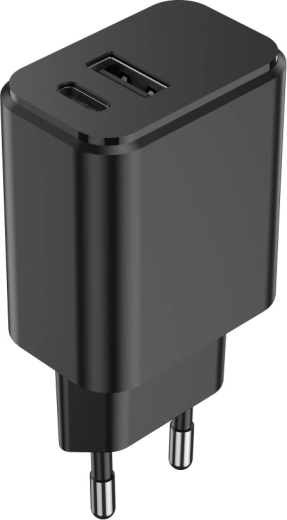 Setty wall charger 20 W with USB‑C PD and USB‑A QC, black