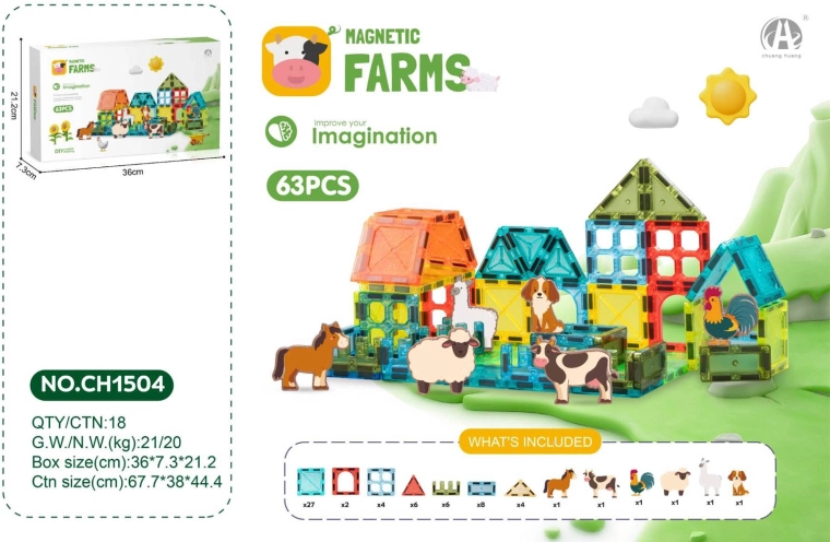 Magnetic building blocks farm 63 pieces