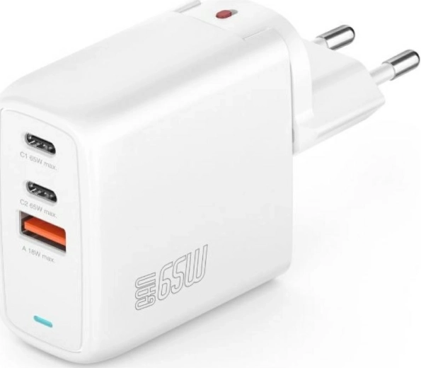 GaN Flex 65 W tinklo įkroviklis, 2× USB‑C + 1× USB‑A, baltas