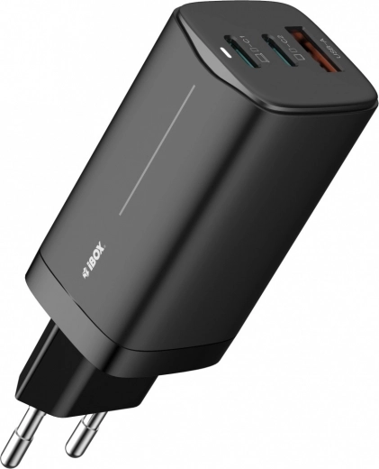 Tinklinis GaN 65 W įkroviklis, 2× USB-C + USB-A, juodas