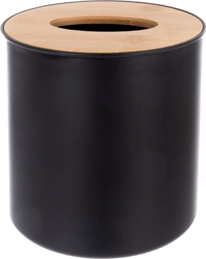Black plastic cosmetic waste bin with bamboo accent