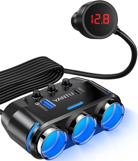 Yantu automobilinio žiebtuvėlio lizdo skirstytuvas su 3 lizdais, USB ir USB‑C – 1 vnt.