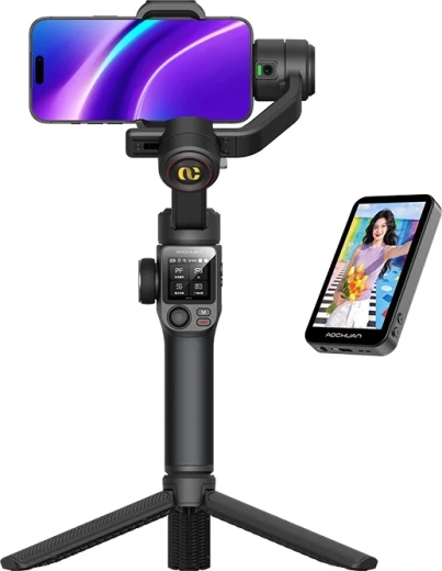 Aochuan S3 3 ašių telefono stabilizatorius su jutikliniu ekranu, AI 360° sekimu ir LED šviesa (juodas)