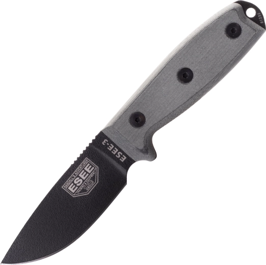 ESEE Model 3 – universalus lauko peilis su juoda geležte ir pilka Micarta rankena