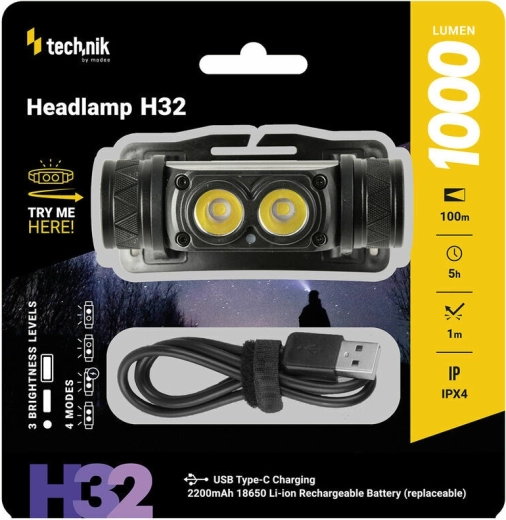 Įkraunamas LED OSRAM P9 galvos žibintas, USB‑C, 1000 lm, stroboskopas Technik MT-H32