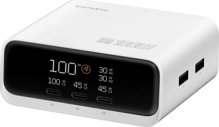 Stalinis įkroviklis 4smarts GaN 100 W su ekranu, 3× USB‑C + 2× USB‑A, baltas