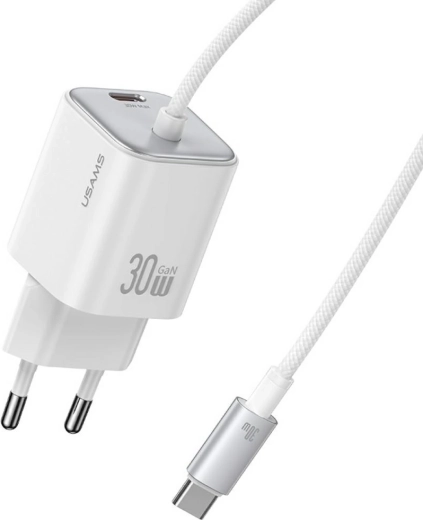 USAMS JC series CC264 30W GaN fast charger with integrated USB‑C cable (white)