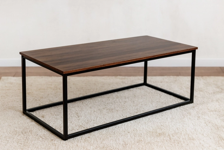 Loft stiliaus kavos staliukas 110 × 55 × 43 cm, rudas medžio dekoras, juodas metalas