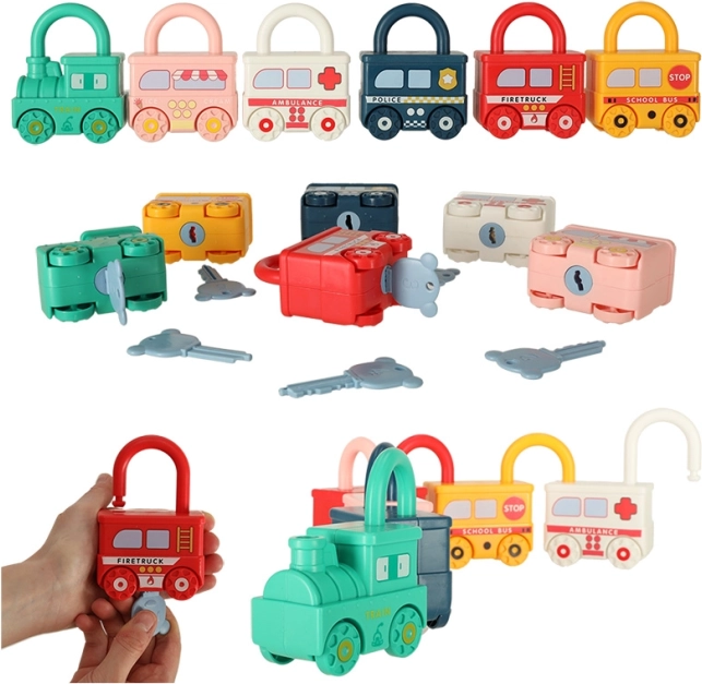 Montessori set of lockable toy cars with keys – train and vehicles, 13 pieces