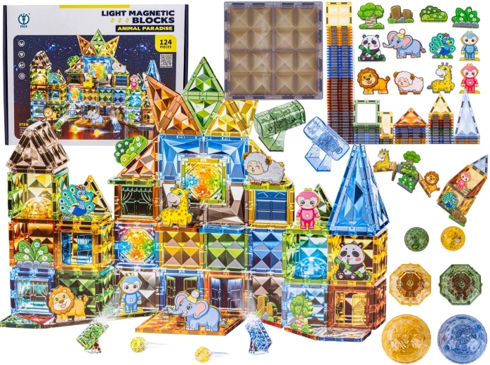 Magnetic building blocks with light-up elements and animals, 124 pcs