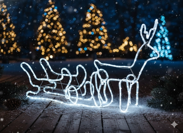 Kalėdinis LED elnias su rogėmis 120 × 27 × 66 cm – šaltai balta su šaltu mirksėjimu