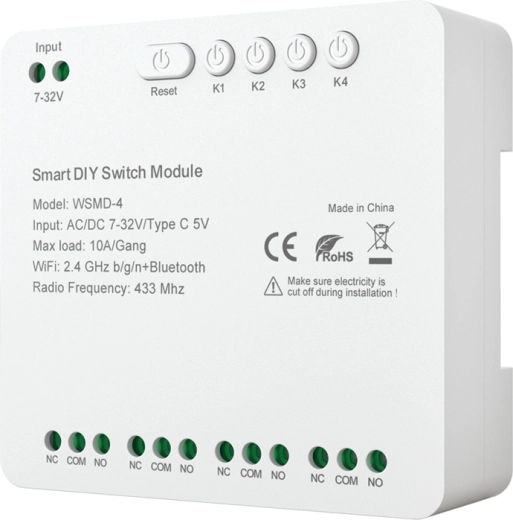 Išmanus 4 kanalų perjungimo modulis DIY AVATTO 7–32 V su Wi‑Fi, Bluetooth ir RF 433 MHz
