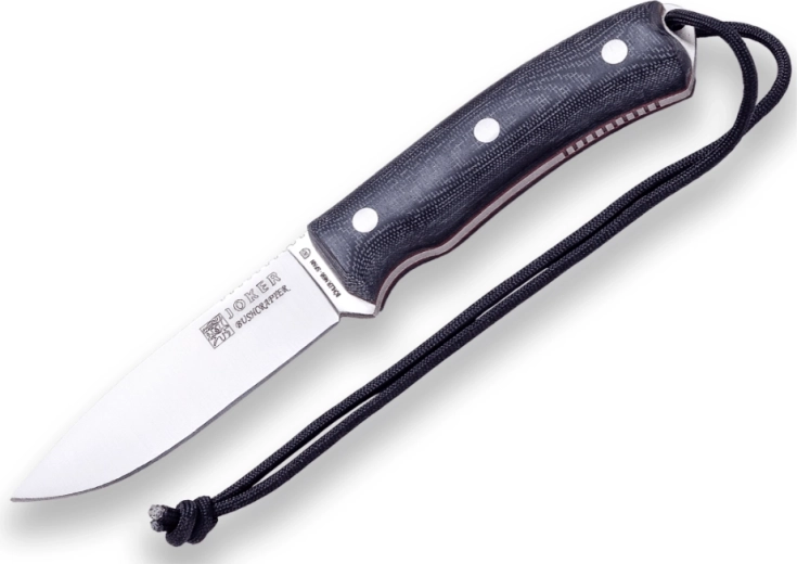 Joker CM120-P Bushcrafter lauko (outdoor) peilis 10,5 cm, juoda Micarta, odinis dėklas ir skeltuvas