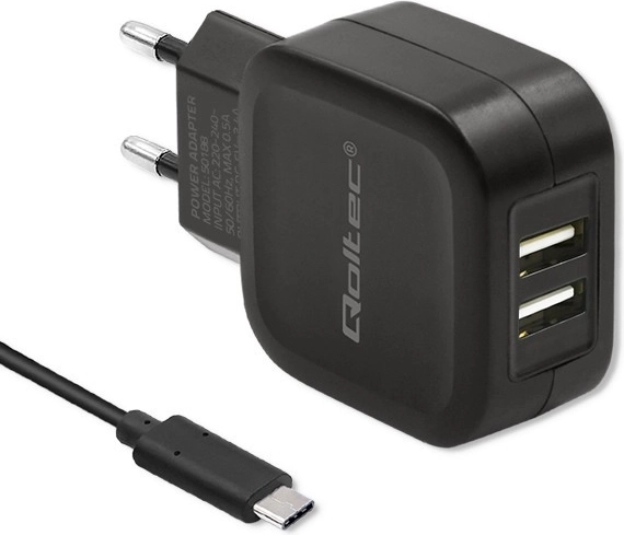 Qoltec dual USB charger 17W with USB-C cable
