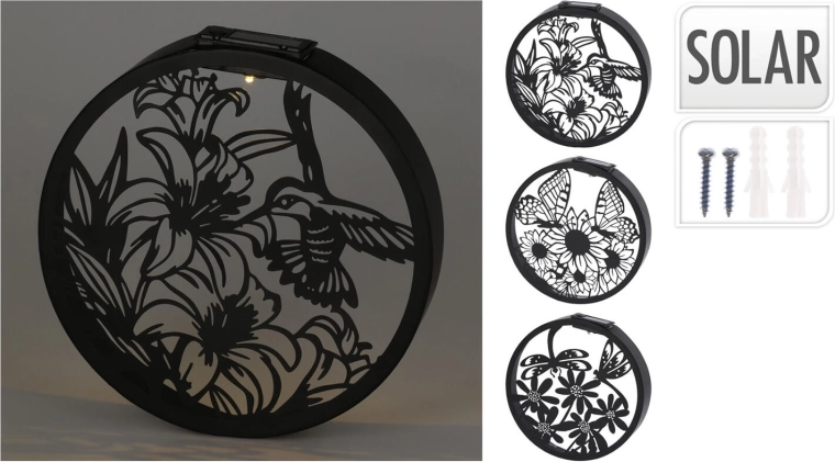 Saulės energija maitinama sieninė LED dekoracija – metalinis žiedas juoda/auksinė 25 cm