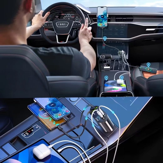 4-in-1 Car Charger with USB‑C and Lightning, retractable cable, 100 W fast charging