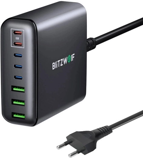Sieninis įkroviklis BLITZWOLF BW-S26 250 W, 8 prievadų GaN, juodas