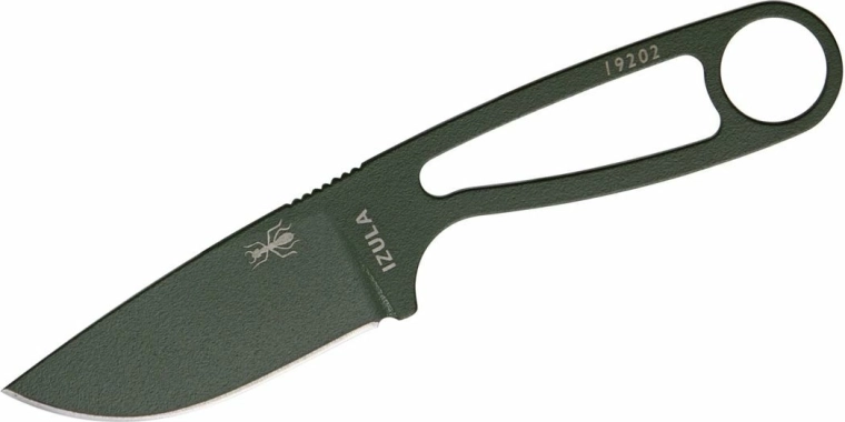 ESEE Izula OD – mažas išgyvenimo peilis iš anglinio plieno su žalia danga ir dėklu