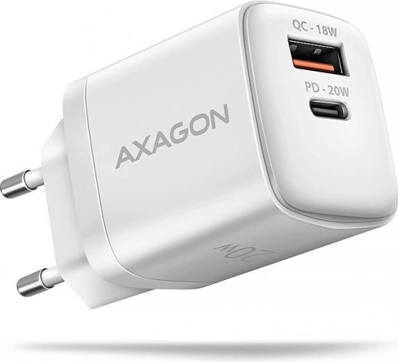 Axagon GaN tinklo įkroviklis 20 W USB-C PD + USB-A QC baltas