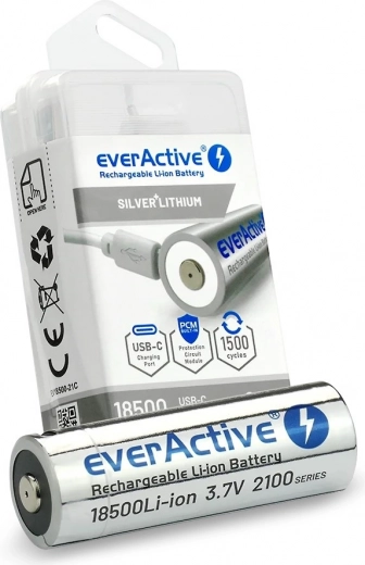 Įkraunamas akumuliatorius EverActive 18500 Li-ion 3,7 V 2100 mAh USB-C